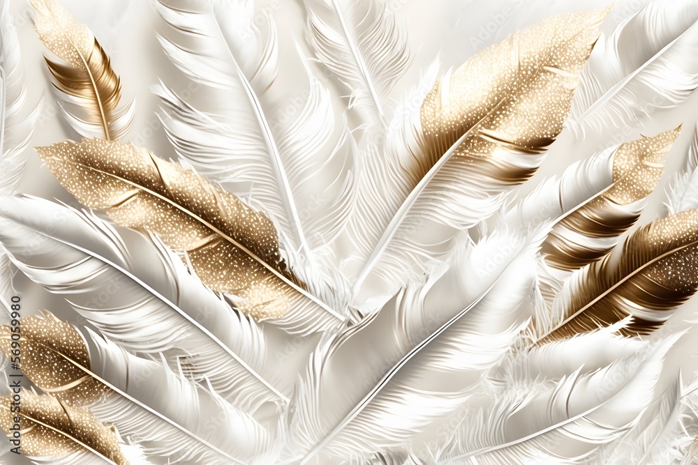 A Pair Of White And Gold Feathers - HEBSTREITS Stock Image