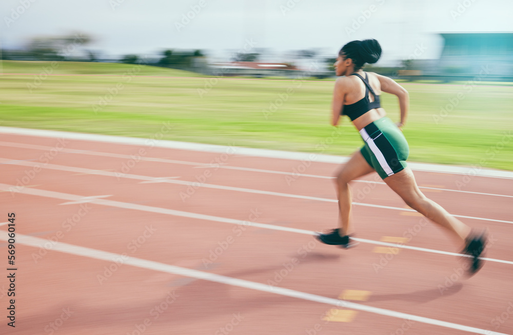 Black woman, running and athletics for sports training, cross fit or exercise on stadium track in the outdoors. African American female runner athlete in fitness, sport or run for practice workout Black woman, running and athletics for sports training, cross fit or exercise on stadium track in the outdoors. African American female runner athlete in fitness, sport or run for practice workout