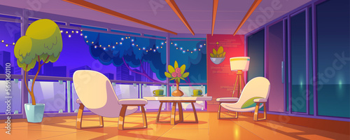 City house balcony with table, chairs, plants in pots and glass fence. Empty apartment terrace with furniture, flowers and cups on table, floor lamp at night, vector illustration in contemporary style