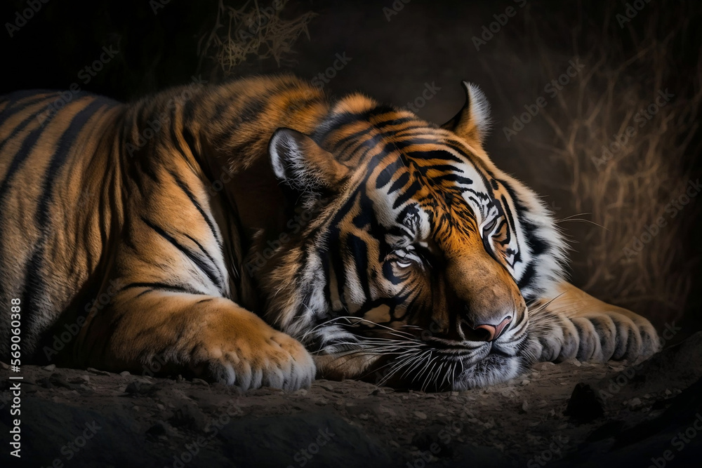 Obraz premium Tiger sleeping in nature, generative AI