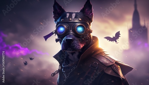 Creative 4k high resolution wallpaper art of a dog inspired by game movie with Cartoony, colorful, and whimsical with a battle royale setting by Tenebrism (generative AI)