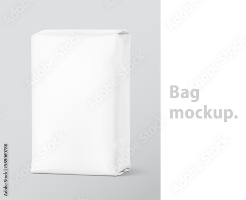 Vertical bag package mockup. Vector illustration isolated on grey background. Easy to use for presentation your product, idea, promo, design. EPS10.	