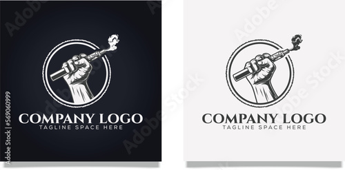 Vape. Vaporizer Logo design. Hand hold vape pen with e-cigarette device