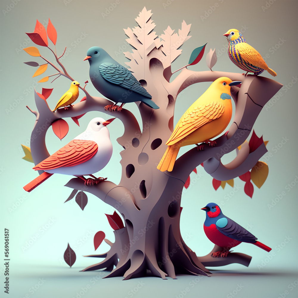 Obraz premium Illustration of birds in spring time (AI Generated)