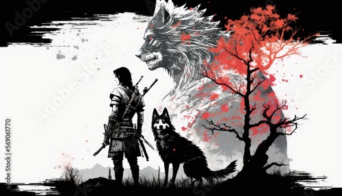 Creative 4k high resolution wallpaper art of a dog inspired by game movie with Gritty and mature with medieval-inspired fantasy environments and creatures by Sumi-e (generative AI)