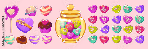 Valentine day heart candies and conversation sweets in symbol of love shape. Cute sweethearts in glass jar, chocolate cupcake, lollipop, hard sugar candies and gift box, vector illustration