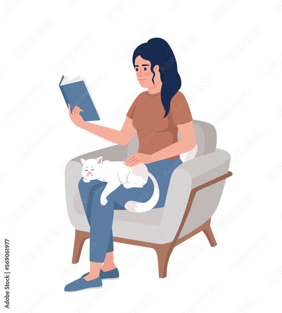 Woman reading book with cat on lap semi flat color vector character. Cozy time. Editable figure. Full body person on white. Simple cartoon style illustration for web graphic design and animation Woman reading book with cat on lap semi flat color vector character. Cozy time. Editable figure. Full body person on white. Simple cartoon style illustration for web graphic design and animation
