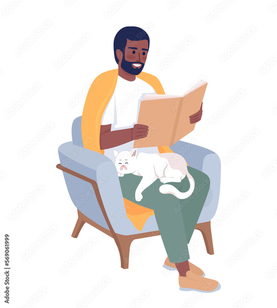 Bearded man enjoying book with cute cat on lap semi flat color vector character. Editable figure. Full body person on white. Simple cartoon style illustration for web graphic design and animation