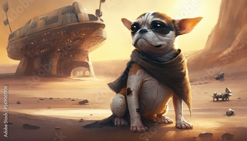 Creative 4k high resolution wallpaper art of a dog inspired by game movie with Iconic and imaginative science fiction, including planets, spacecraft, and aliens by Gongbi (generative AI) photo