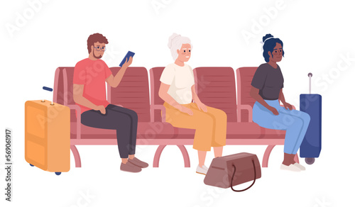 Passengers waiting for train and bus in waiting room semi flat color vector characters. Editable figures. Full body people on white. Simple cartoon style illustration for web graphic design, animation