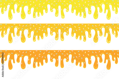 Yellow liquid syrup, flows down to the bottom, splashes of sweet candies, long border, seamless banner pattern, vector white background