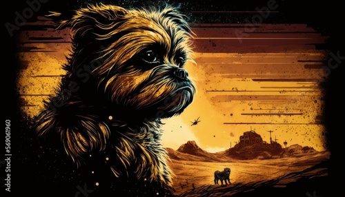 Creative 4k high resolution wallpaper art of a dog inspired by game movie with Iconic and imaginative science fiction, including planets, spacecraft, and aliens by Printmaking (generative AI)