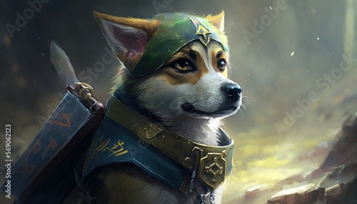 Creative 4k high resolution wallpaper art of a dog inspired by game movie with Kingdoms and landscapes with a mix of fantastical creatures and characters by Gongbi (generative AI) photo