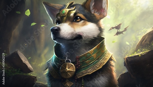 Creative 4k high resolution wallpaper art of a dog inspired by game movie with Kingdoms and landscapes with a mix of fantastical creatures and characters by Gongbi (generative AI) photo