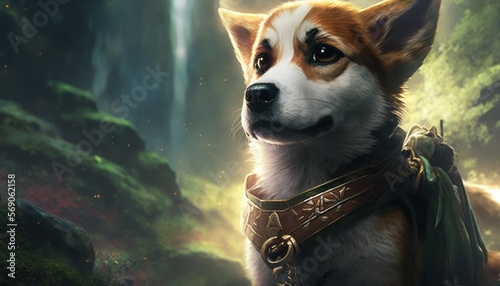 Creative 4k high resolution wallpaper art of a dog inspired by game movie with Kingdoms and landscapes with a mix of fantastical creatures and characters by Gongbi (generative AI) photo