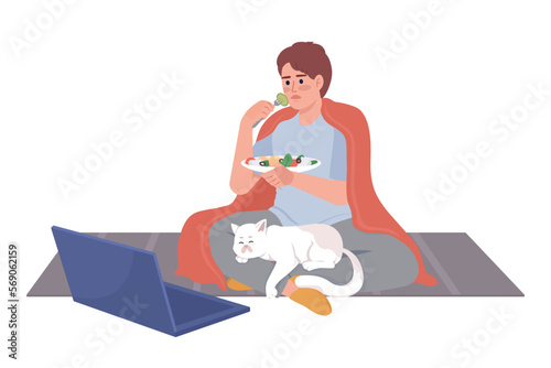 Boy watching movie on laptop with cat on lap semi flat color vector character. Editable figure. Full body person on white. Simple cartoon style illustration for web graphic design and animation