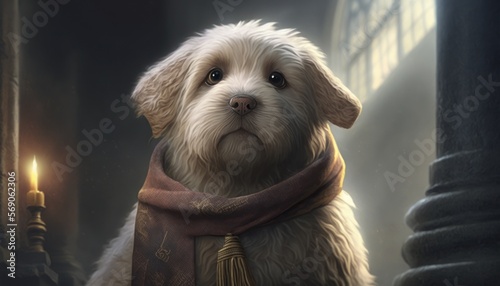 Creative 4k high resolution wallpaper art of a dog inspired by game movie with Magical, mythical and fantastical settings by Gongbi (generative AI) photo