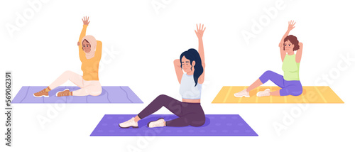 Women working out together semi flat color vector characters. Yoga exercises. Editable figures. Full body people on white. Simple cartoon style illustration for web graphic design and animation