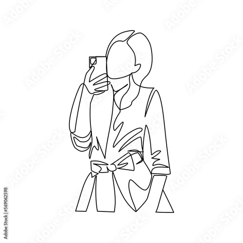 vector illustration of a girl taking a selfie drawn in line-art style