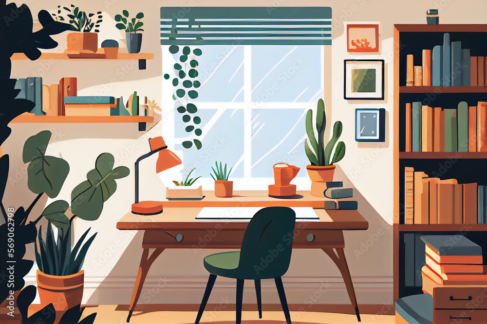 Fototapeta premium A room with a desk, bookshelf, and a plant in it, and a window with a curtain, high detail illustration, a storybook illustration.