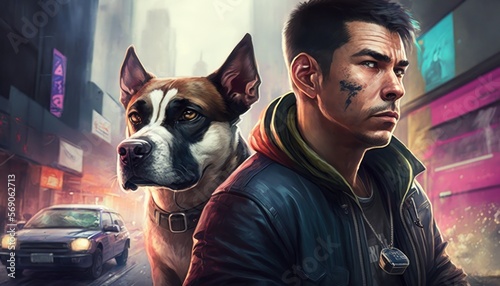 Creative 4k high resolution wallpaper art of a dog inspired by game movie with Open-world city environments with a cartoonish, exaggerated art style by Gongbi (generative AI)