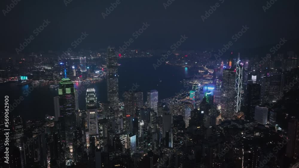 Night Panorama Of The Whole Illuminated Hong Kong, Aerial View Night Panorama Of The Whole Illuminated Hong Kong, Aerial View