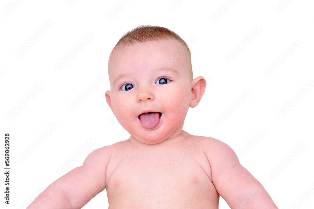 Funny Infant baby playing in the bed, isolated on a white background. Kid aged six months Funny Infant baby playing in the bed, isolated on a white background. Kid aged six months