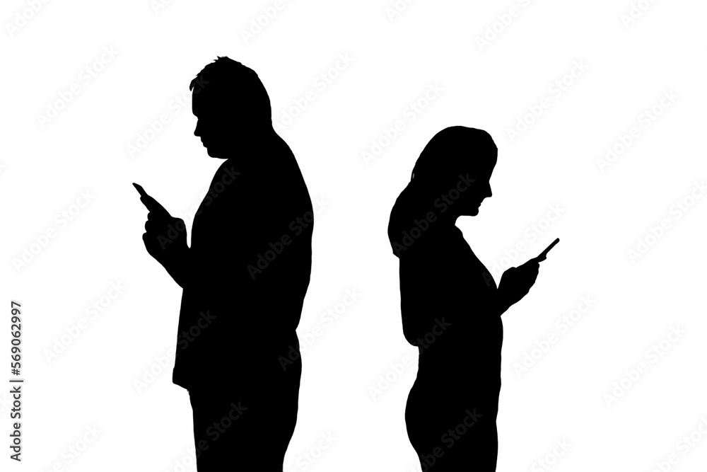 Silhouette of a man and a woman with phones, isolated on a white background. Couple husband and wife having relationship problems in the evening light of the home living room