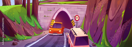 Vector tunnel road with mountain and oncoming car sign. Highway traffic in two way near underground entrance and hill. Countryside landscape with automobiles on pathway, cartoon illustration