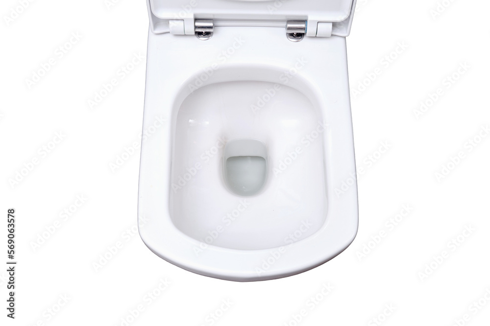 Clean toilet bowl with drain hole, top view. Toilet brush and trash can on black tiles, isolated on a white background Clean toilet bowl with drain hole, top view. Toilet brush and trash can on black tiles, isolated on a white background