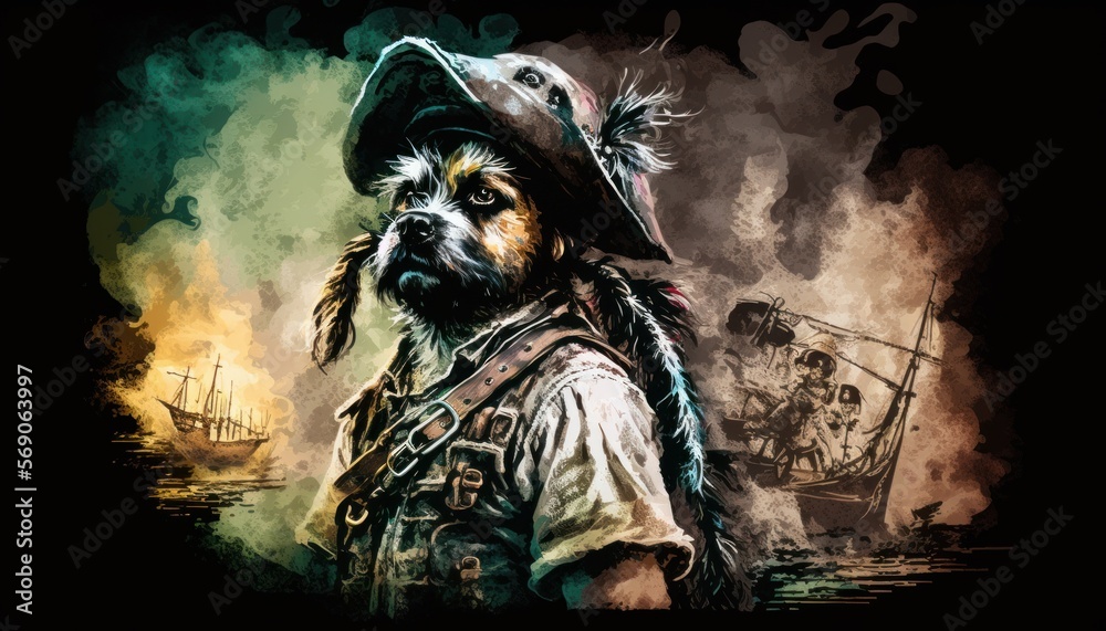 Creative 4k high resolution wallpaper art of a dog inspired by game movie with Swashbuckling pirate adventures on the high seas with action, humor, and supernatural by Sumi-e (generative AI) Creative 4k high resolution wallpaper art of a dog inspired by game movie with Swashbuckling pirate adventures on the high seas with action, humor, and supernatural by Sumi-e (generative AI)