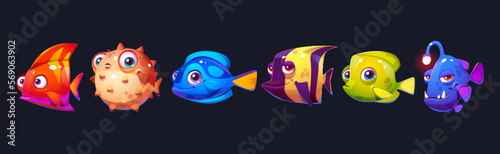 Set of cute vector cartoon fish for aquarium game. Isolated happy underwater characters. Smiling fun baby marine clipart with face and mouth. Collection of exotic angler fish and cheerful creatures.