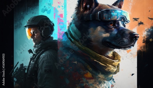 Creative 4k high resolution wallpaper art of a dog inspired by game movie with Tactical shooter with realistic military settings and weaponry by Gongbi (generative AI)