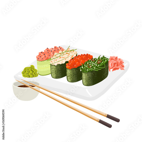 Japanese gunkan sushi on ceramic plate with ginger, wasabi and soy sauce. Vector clipart.