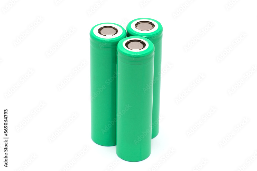 Three lithium batteries isolated on a white background, rechargeable batteries for appliances Three lithium batteries isolated on a white background, rechargeable batteries for appliances