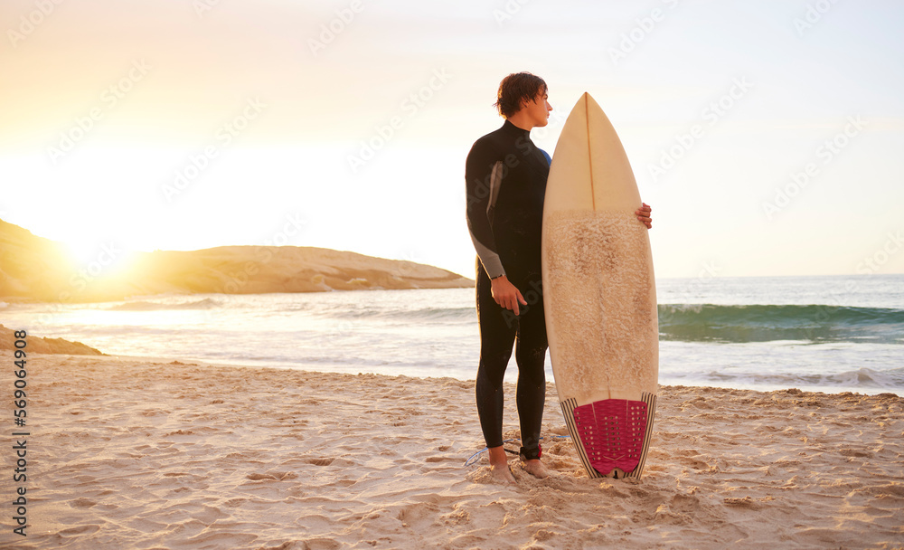 Surfer, surf and man with surfboard at the beach, sea and ocean in ...