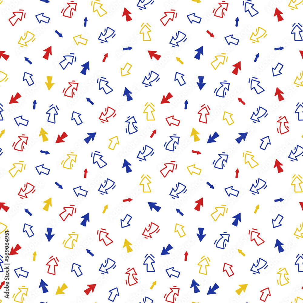 Seamless pattern with red, blue and yellow arrows on a white background in doodle style. Seamless pattern with red, blue and yellow arrows on a white background in doodle style.