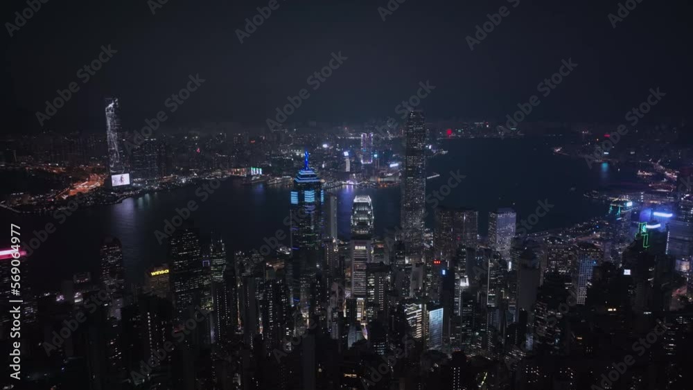 Night Panorama Of The Whole Illuminated Hong Kong, Aerial View Night Panorama Of The Whole Illuminated Hong Kong, Aerial View