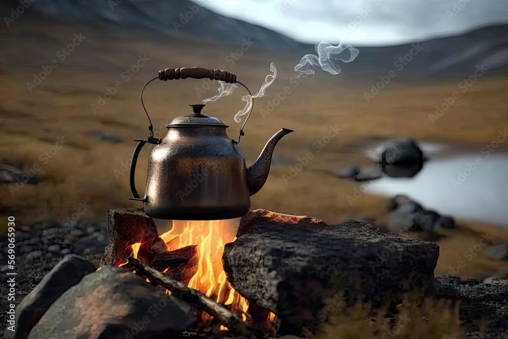 Small kettle is heated on a bonfire. Camping beside the lake. Camping kettle near camp fire. Travel in the mountains. Outdoor recreation concept. Generative AI Small kettle is heated on a bonfire. Camping beside the lake. Camping kettle near camp fire. Travel in the mountains. Outdoor recreation concept. Generative AI