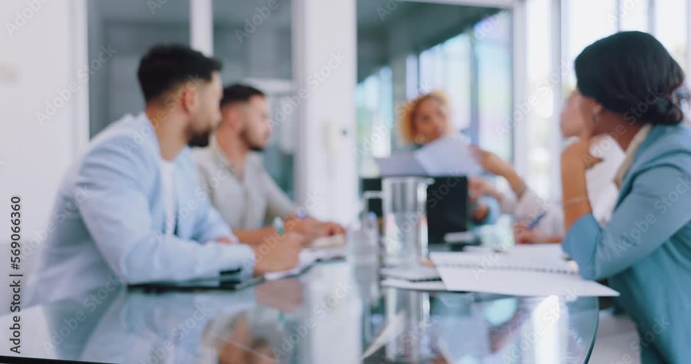 Blurred view, business people or office meeting and documents, paper or finance report in boardroom. Defocused, men or corporate women in teamwork collaboration, strategy planning or diversity review Blurred view, business people or office meeting and documents, paper or finance report in boardroom. Defocused, men or corporate women in teamwork collaboration, strategy planning or diversity review