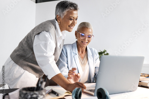 Photography Laptop, collaboration and support with a woman manager training an employee in the office at work