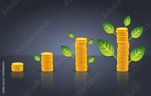 Vector illustration of growing plant with gold coins. Money growth concept.