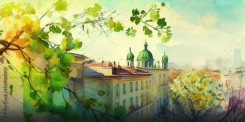 Spring in the City: A Masterpiece Watercolor Illustration Capturing the Beauty of a Perfect Spring Day with Harmonious Complimentary Colors and a Creative Use of the Golden Ratio. Generative AI photo