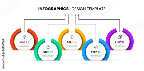 Infographic template. 5 circles connected by a line to the title.
