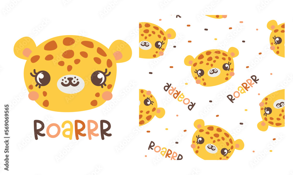 Obraz premium Children's vector illustration. Cute leopard and the inscription Roar Print for printing on children's products. Print set, print with lettering and seamless vector pattern
