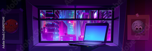 Laptop on window with night city view. Vector cartoon illustration of teenagers workspace, computer with blank screen on windowsill in dark bedroom. Futuristic cityscape illuminated with neon lights