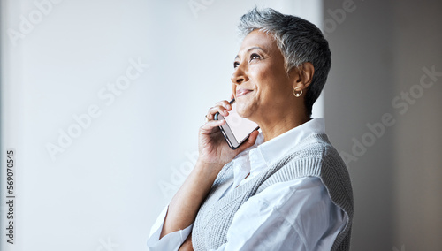 Happy, phone call and smile with business woman and thinking for networking, planning and communication. Contact, news and connection with senior ceo and mobile for target, deal and technology