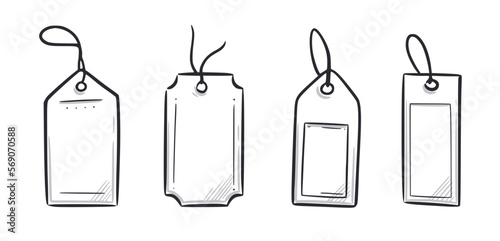 Price tag, gift label doodle element set. Price tag ribbon, discount label hand drawn sketch doodle style. Sale, present offer frame element. Vector illustration.
