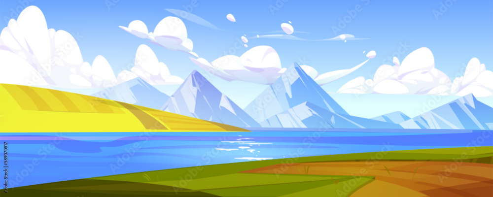 Nature landscape with mountains and lake. Summer scenery of valley with river, green grass, fields, road and white snow rocks peaks, vector cartoon illustration