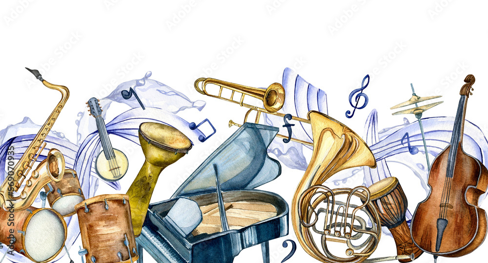 Board of jazz musical instruments and note wave watercolor illustration ...